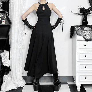 Hollow out metal chain crewneck ribbed cut out midi dress