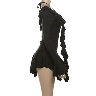 Long flared sleeve self tie v neck ruffle mini dress