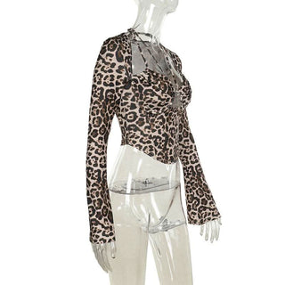 Leopard print halter long sleeve hollow out cut out top