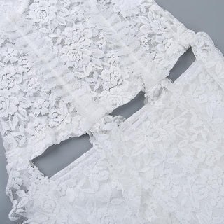 Lace ribbon hollow out solid ruffle halter backless mini skirt set