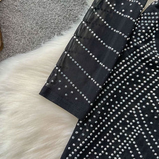 Long sleeve crewneck beaded zip-up hollow out cut out maxi dress