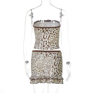 Leopard print bowknot ruffle tube mini skirt set