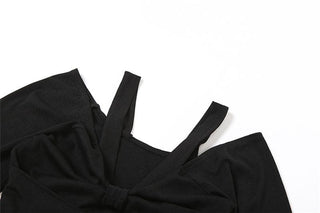 Long sleeve self tie bowknot hollow out solid crop cut out top