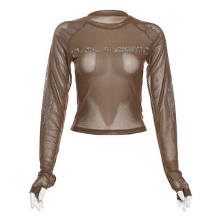 Long sleeve beaded sheer mesh top
