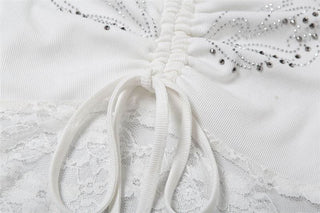 Hoodie off shoulder long sleeve lace beaded drawstring top