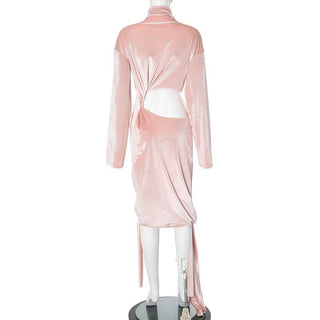High neck long sleeve velvet hollow out knotted cut out midi dress