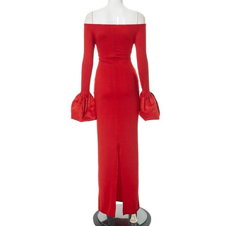 Long flared sleeve off shoulder ruched slit maxi dress