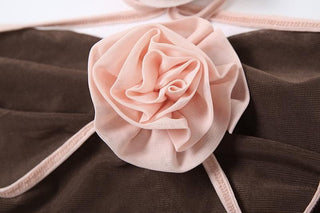 Halter self tie ruched flower applique backless mini dress