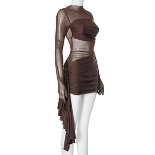 Long sleeve mesh patchwork ruched mini dress