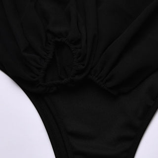 Solid v neck long sleeve mesh backless bodysuit