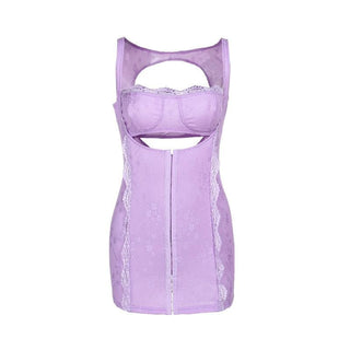 Square neck lace backless hollow out button solid cami cut out mini dress