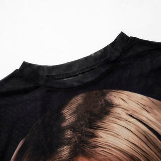Long sleeve crewneck figure print sheer mesh top