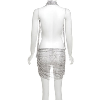 Snakeskin print halter sheer mesh irregular ruched mini dress