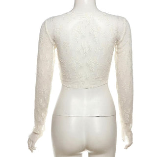 Long sleeve lace flower applique crop top