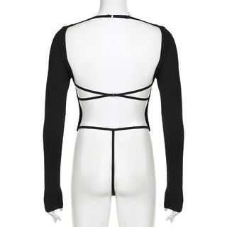 Square neck solid long sleeve backless cross back bodysuit