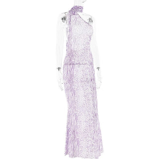 Halter one shoulder leopard print sheer mesh maxi dress