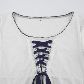 Short sleeve lace up textured lace hem top