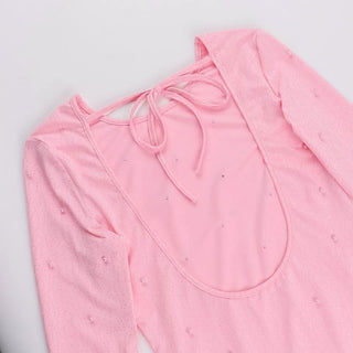 Crewneck long sleeve beaded backless mini dress