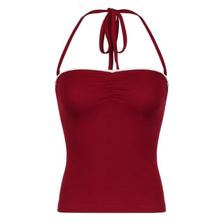 Halter ruched lace hem backless solid top
