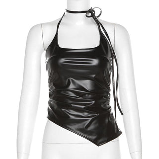 Self tie halter backless irregular PU leather square neck top