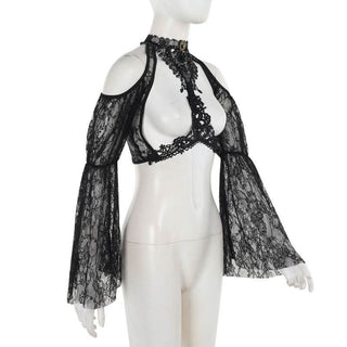 Long sleeve off shoulder lace hollow out shrug cut out top