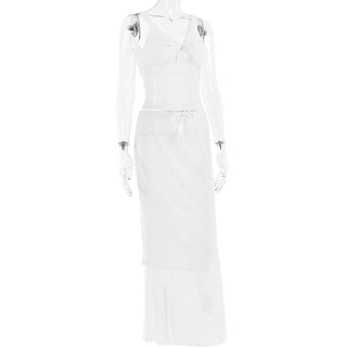 Lace v neck sleeveless hollow out solid patchwork maxi skirt set - Final Sale