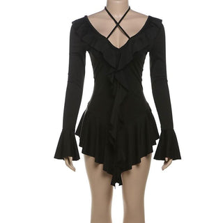 Long flared sleeve self tie v neck ruffle mini dress