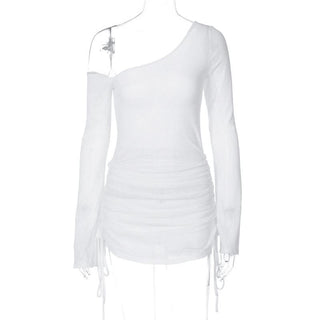 Long sleeve one shoulder drawstring ruched mini dress