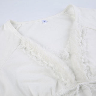 Fluffy patchwork solid long sleeve self tie top
