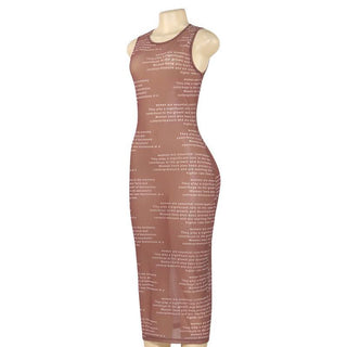Crewneck sleeveless letter print mesh maxi dress