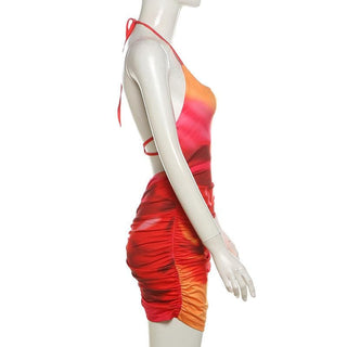 U neck halter tie dye ruched backless mini dress