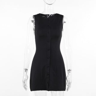 Button crewneck solid o ring tank mini dress