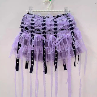 Cross front lace hem bowknot self tie mini skirt set