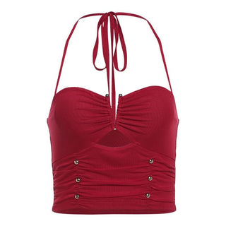 Halter ruched hollow out beaded cut out top