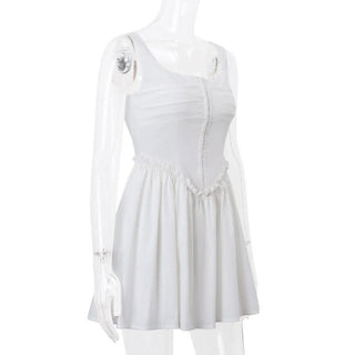 Button ruffle square neck ruched bustier tank mini dress-final-sale