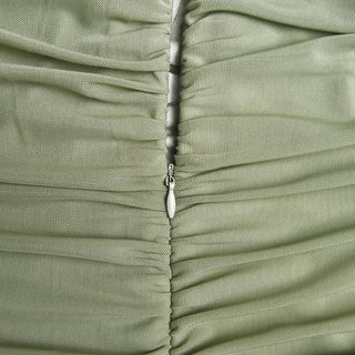 Solid ruched notch neck mesh zip-up ruffle maxi dress-final-sale