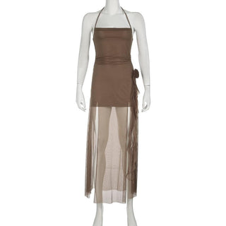 Halter mesh slit flower applique maxi dress