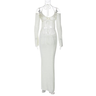 Long sleeve off shoulder halter knitted backless maxi dress-final-sale