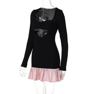 Long sleeve ribbed hollow out cut out mini dress