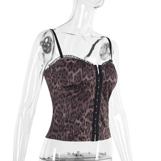 V neck leopard print ruffle backless cami top