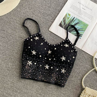 Beaded v neck padded backless cami top