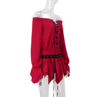 Off shoulder long sleeve ruffle lace up mini dress