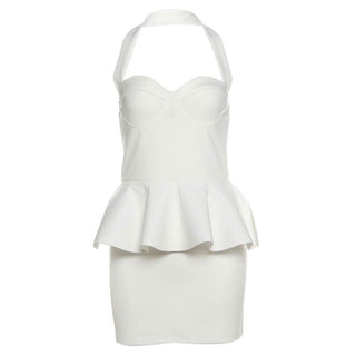 Halter ruffle v neck zip-up backless solid mini dress