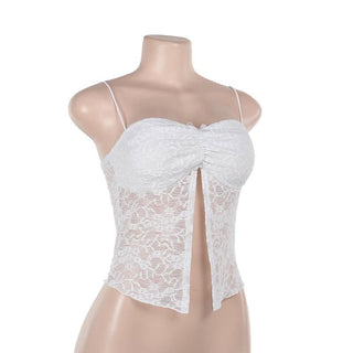 Lace slit ruched bowknot spaghetti strap top