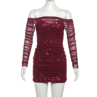 Off shoulder glitter long sleeve mesh ruched mini dress