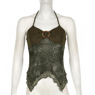 Ruched buckle print mesh ruffle cami top