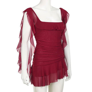 Square neck ruffle mesh ruched cami mini dress