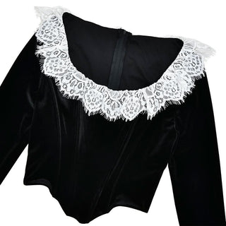 Long flared sleeve lace patchwork velvet zip-up top