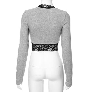Long sleeve square neck lace ruffle patchwork ribbed contrast crop top