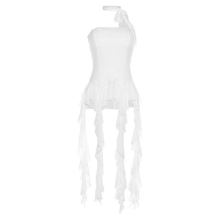 Ruffle mesh stitch self tie solid backless tube top